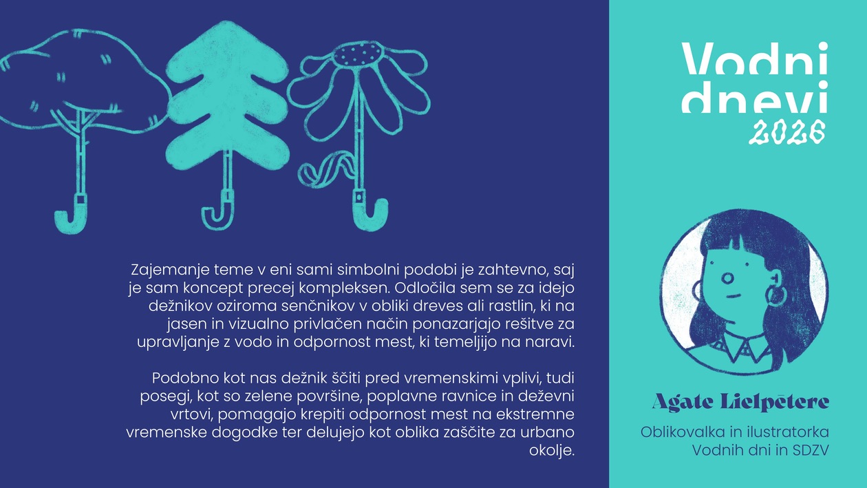Zajemanje teme v eni sami simbolni podobi je zahtevno, saj je sam koncept precej kompleksen. Odlocila sem se za idejo denikov oziroma senönikov v obliki dreves ali rastlin, ki na jasen in vizualno privlacen nain ponazarjajo resitve za upravijanje z vodo in odpornost mest, ki temeljijo na naravi. Podobno kot nas deznik sciti pred vremenskimi volivi, tudi posegi, kot so zelene povrsine, poplavne ravnice in dezevni vrtovi, pomagajo krepiti odpornost mest na ekstremne vremenske dogodke ter delujejo kot oblika zascite za urbano okolje.